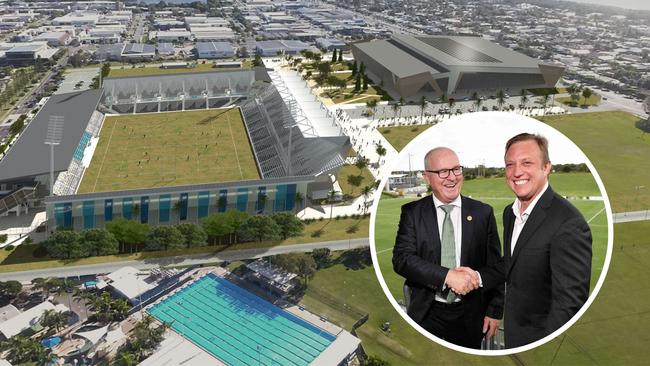 Sunshine Coast Council Mayor Mark Jamieson and Deputy Premier Steven Miles at the announcement of the new indoor sports precinct. Picture: Annette Dew