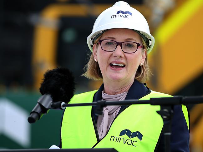 Mirvac Managing Director and CEO, Susan Lloyd-Hurwitz; giving a speech before breaking ground at the next stage of development at Green Square Town Centre despite the recession brought on by COVID-19. Jane Dempster/The Australian.