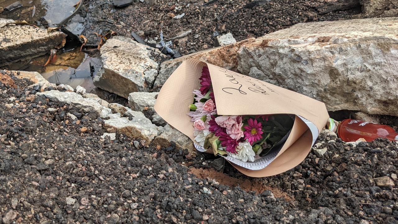 Tributes left at the crash site at Hillier Rd, Howard Springs.