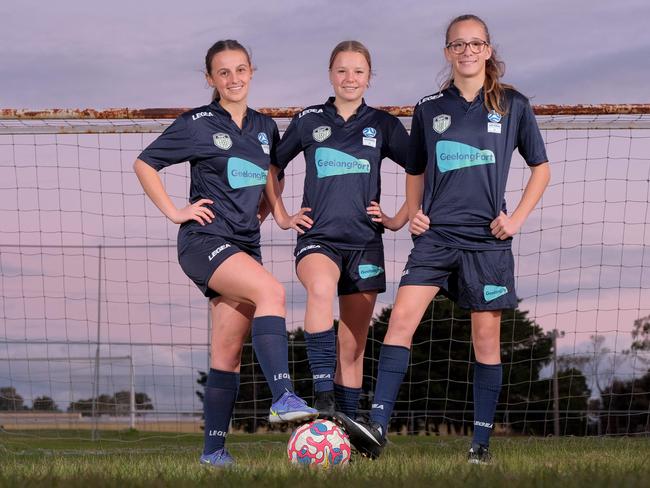 Geelong super trio Amanda Dzajkic, 16, Ede Alberti, 13, and Anastazia Simic, 12, will all be part of the Victorian country soccer championships live stream on KommunityTV. Picture: Mark Wilson