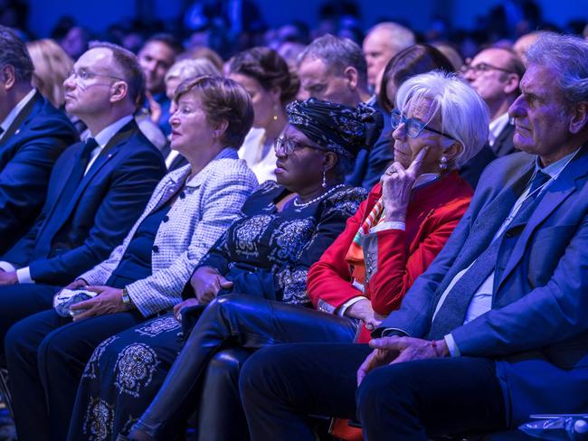 (From 2L) Poland's President Andrzej Duda, International Monetary Fund (IMF) Managing Director Kristalina Georgieva, World Trade Organisation (WTO) Director-General Ngozi Okonjo-Iweala, President of the European Central Bank (ECB) Christine Lagarde listen during Donald Trump’s address by video conference. Picture: AFP