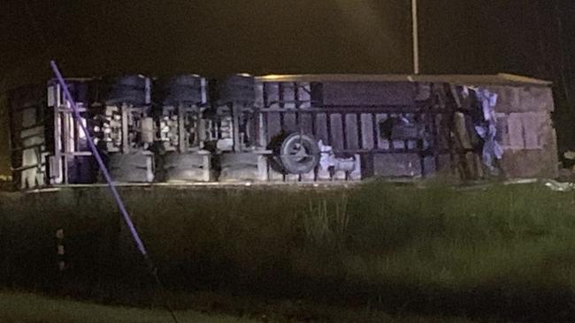 One of the semi-trailers involved in the Bruce Highway crash at Maryborough in which three people died.