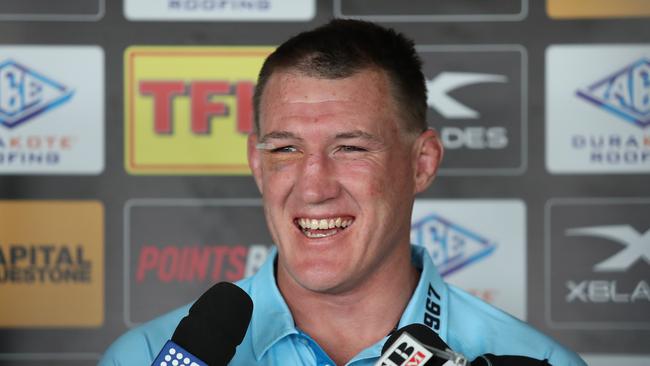 Cronulla Sharks NRL captain Paul Gallen speaks to the media ahead of his final game at Shark Park on Sunday. Picture: Brett Costello