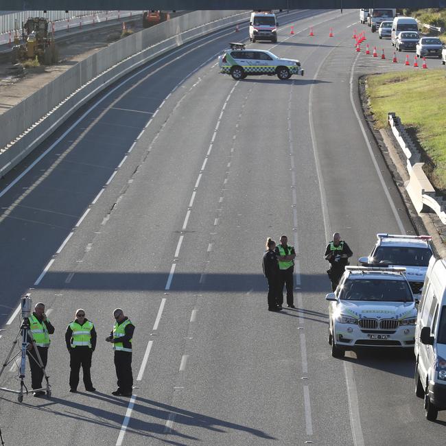 Police at the scene of the serious crash on the Monash Freeway. Picture: David Crosling