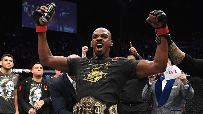 INGLEWOOD, CA - DECEMBER 29: Jon Jones celebrates his KO victory over Alexander Gustafsson of Sweden in their light heavyweight bout during the UFC 232 event inside The Forum on December 29, 2018 in Inglewood, California. (Photo by Josh Hedges/Zuffa LLC/Zuffa LLC via Getty Images)