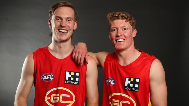 Noah Anderson (pick 2) with great mate Matt Rowell after the pair joined the Gold Coast Suns. Pic: Michael Klein