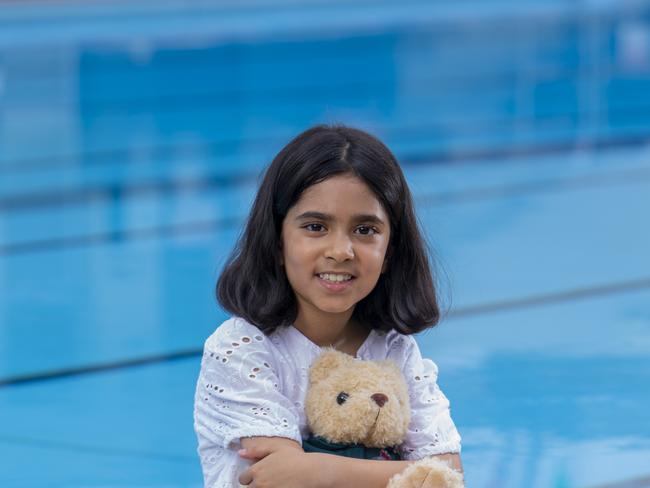 Leenah Ali, 7, was at her best friend Evie’s house for a birthday pool party when in a “split second” she quietly and silently sank to the floor of the pool. Picture: Jerad Williams