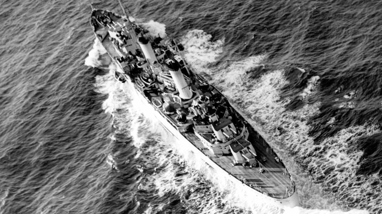 HMAS Sydney, Leander-class light cruiser Australian Navy ship sunk during World War II. second two /Australia/Navy/Ships (Pic: Copyright Aerial Photograph by D Darian Smith Adelaide)