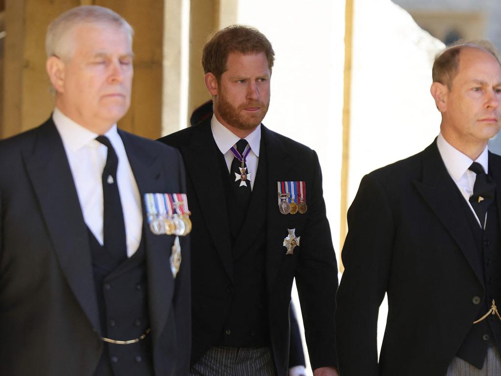 Britain's Prince Harry, Duke of Sussex, attends with Britain's Prince Andrew, Duke of York, and Britain's Prince Edward, Earl of Wessex, the ceremonial funeral procession. Picture: AFP