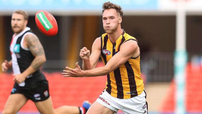 Jack Scrimshaw is not on the outer and still an important part of Sam Mitchell’s plans, the coach says. Picture: Chris Hyde / Getty Images