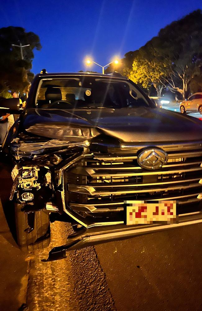 Drink driver Mitchell Barry Sullivan's SUV after hitting a pedestrian and an oncoming vehicle near the intersection of Oceanic Dr and Sunshine Blvd, Mermaid Waters, on July 30, 2024. Picture: Supplied