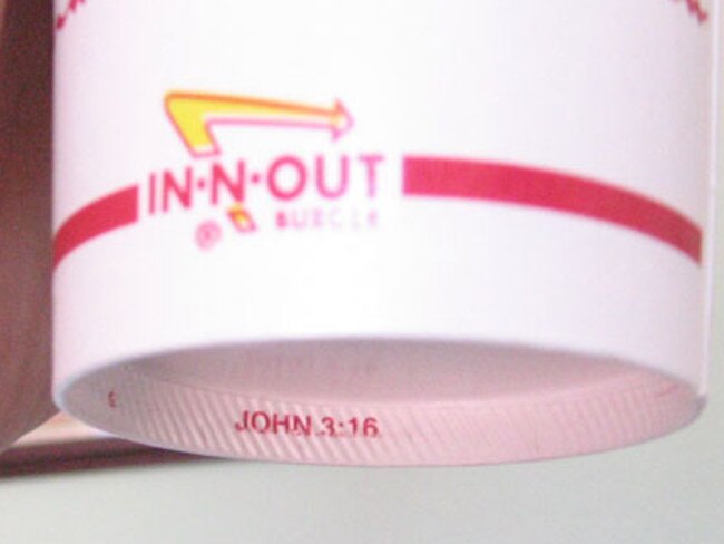 Look hard enough and you’ll find these bible passages printed underneath In-N-Out cups. Picture: Wikipedia