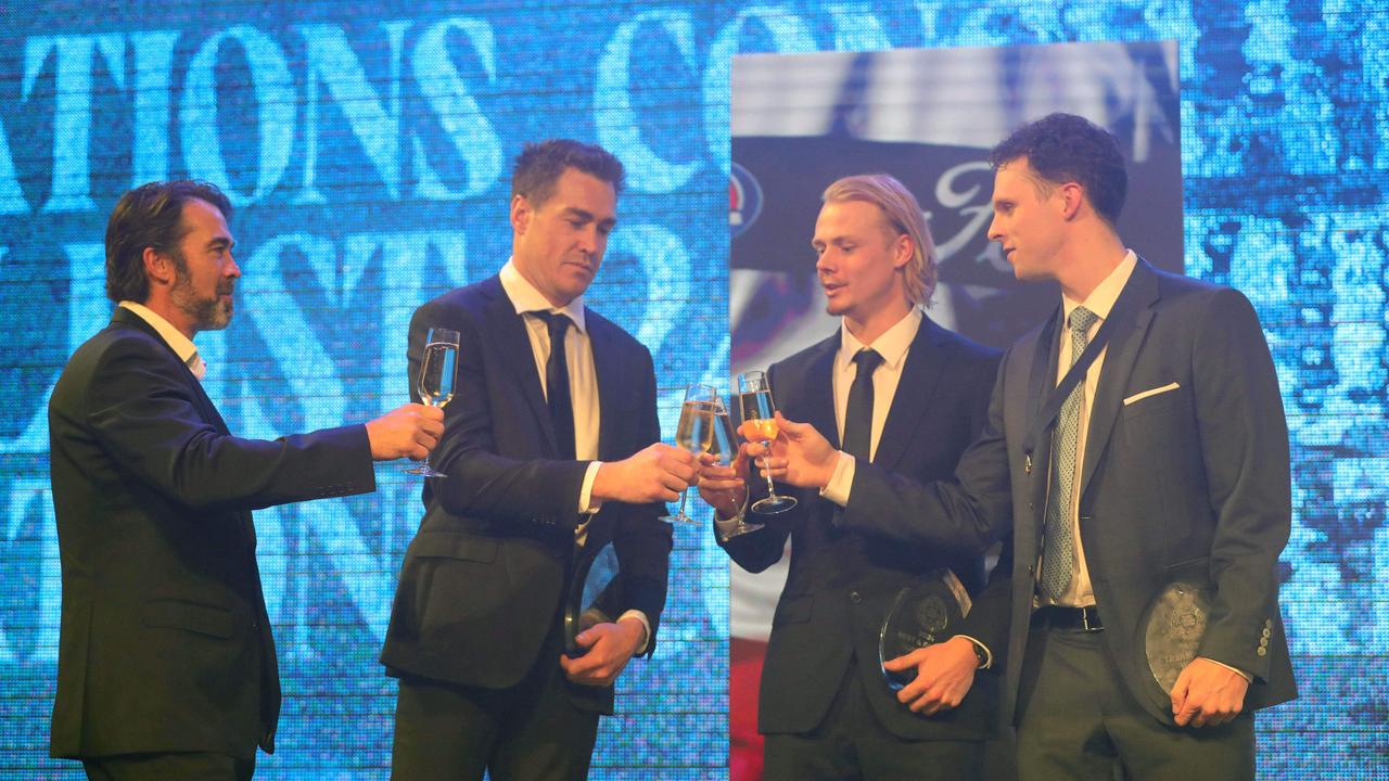 Chris Scott with Jeremy Cameron, Zach Guthrie and Carji Greeves medallist Max Holmes Picture: Mark Wilson