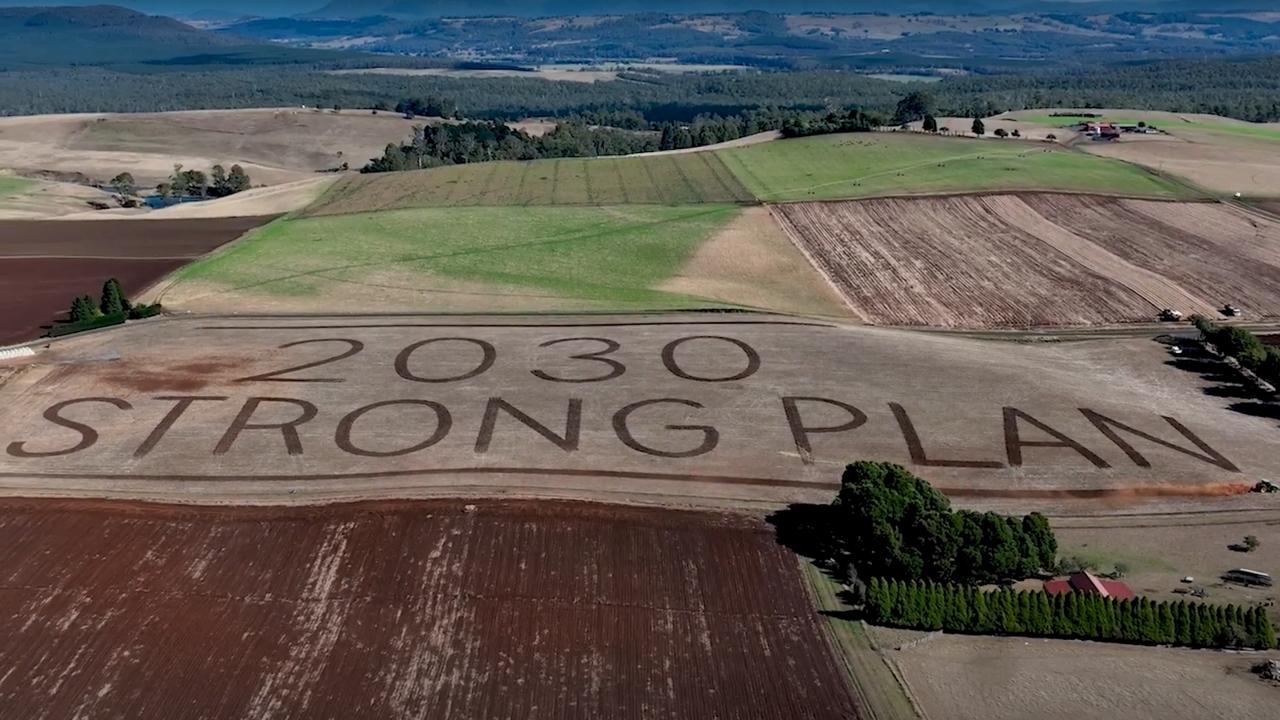 Tasmanian Premier Jeremy Rockliff has revealed what is believed to be Australia’s largest ever election billboard, that’s twice the size of the MCG. Picture: Handout via NCA NewsWire