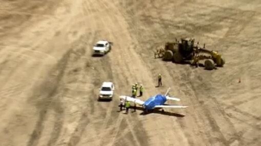 Western Sydney Airport has had its first landing five years ahead of schedule after a single engine plane made an emergency landing on the partially built dirt runway. Picture: 7News