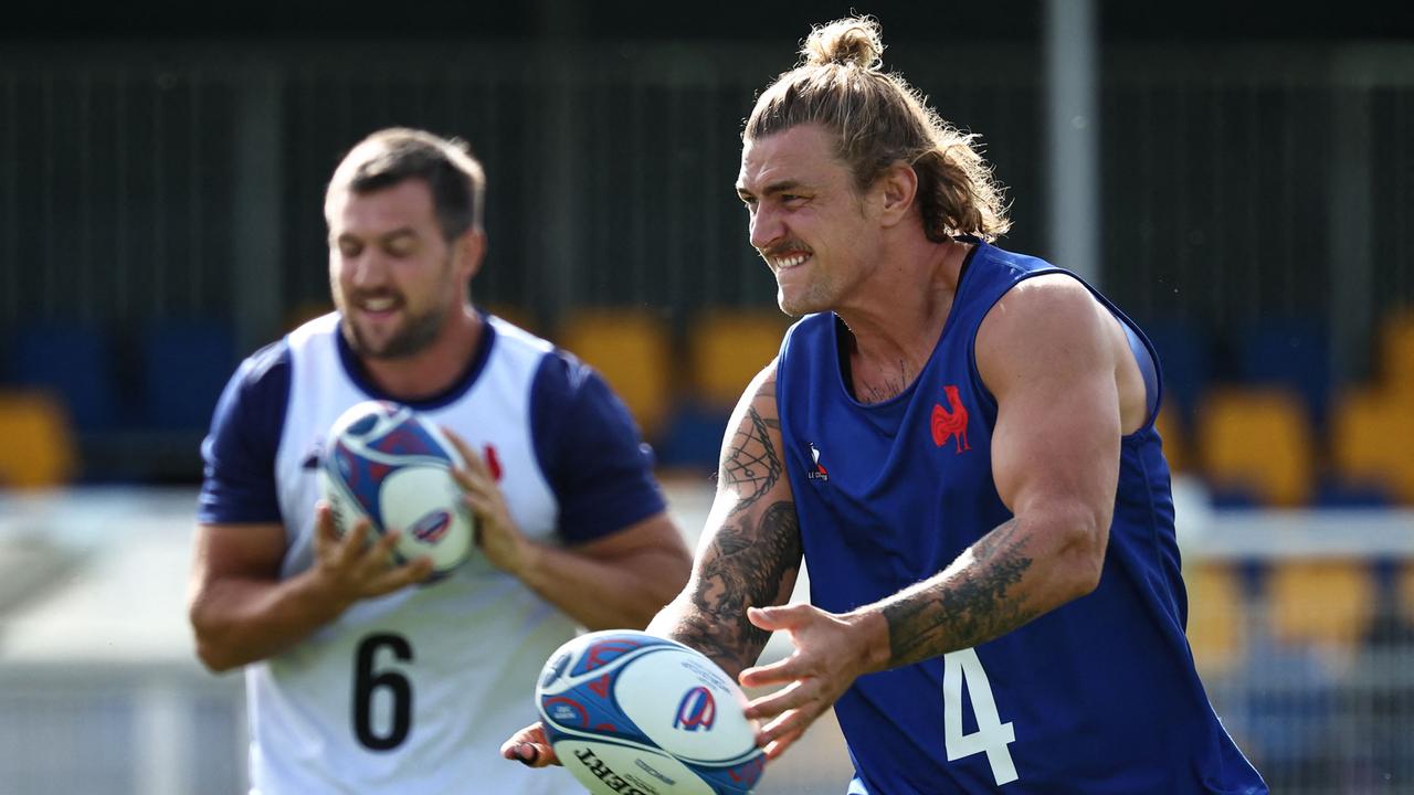 France lock Bastien Chalureau (right), seen here in training at the Stade du Parc in Rueil-Malmaison, near Paris, was a controversial addition to the national squad. (Photo by Anne-Christine POUJOULAT / AFP)