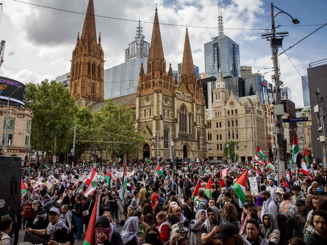 Thousands gather outside St. Paul’s Cathedral in Melbourne, waving Palestinian flags, during a large Pro-Palestine rally focused on ending the conflict in Gaza and the Israeli occupation. Picture: NewsWire