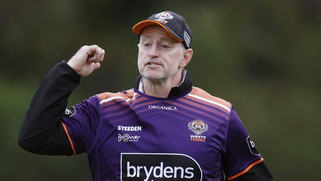 Tigers coach Michael Maguire gave Angus Crichton his NRL debut at Souths. Picture: Mark Evans/Getty Images