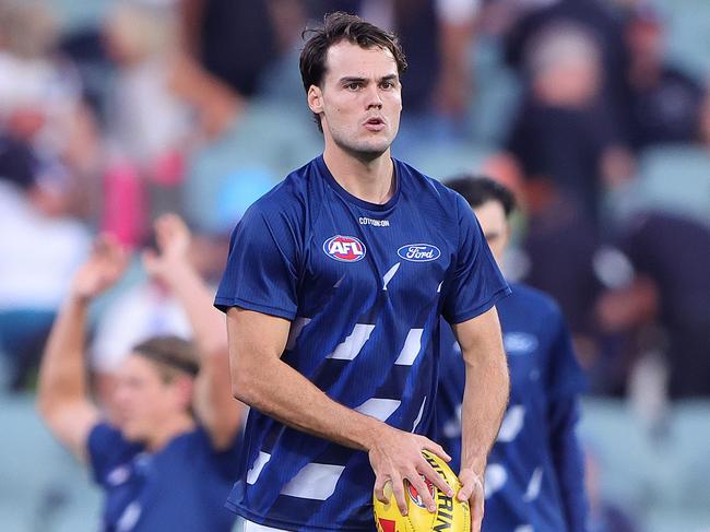 ADELAIDE, AUSTRALIA - APRIL 06: Jack Bowes of the Cats during the 2024 AFL Round 04 match between the Western Bulldogs and the Geelong Cats at Adelaide Oval on April 06, 2024 in Adelaide, Australia. (Photo by Sarah Reed/AFL Photos via Getty Images)