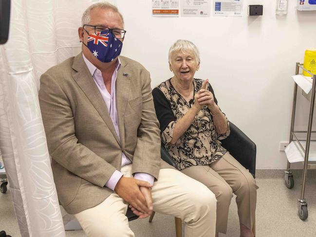 Scott Morrison with the first vaccine recipient, Jane Malysiak, 84. Picture: NCA NewsWire / Jenny Evans