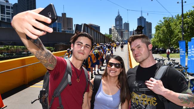 It was selfie central at Southbank. Nicolas Acosta, Yasna Balart and Felipe Mendez strike a pose. Picture: Josie Hayden