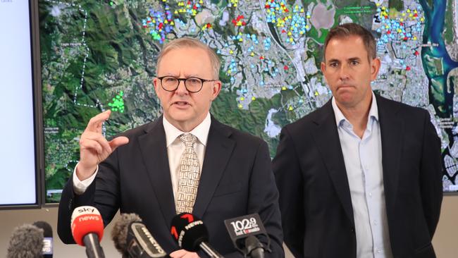 Prime Minister Anthony Albanese and Treasurer Jim Chalmers announced additional disaster assistance funding for southeast Queensland. Picture: Glenn Hampson