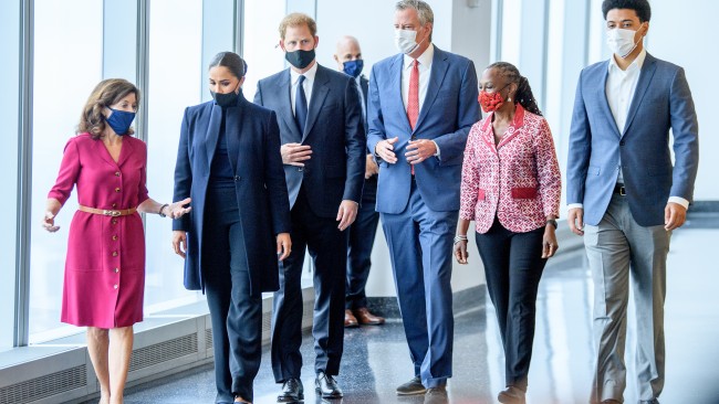 Governor Kathy Hochul, the Duke and Duchess of Sussex, NYC Mayor Bill De Blasio, Chirlane McCray and Dante De Blasiomet at the One WTC Picture: Roy Rochlin/Getty Images