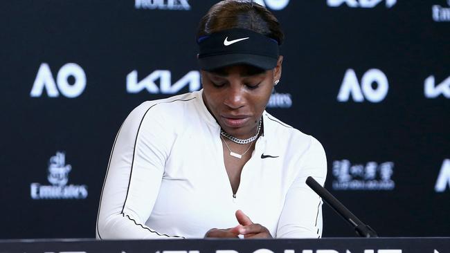 Serena Williams fights back tears during her post match press conference. Picture: Tennis Australia/AFP