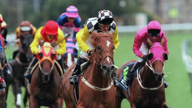 Saintly pulls up after unleashing a dazzling burst of speed to win the Orr Stakes at Caulfield in February 1997. Picture: Joe Sabljak