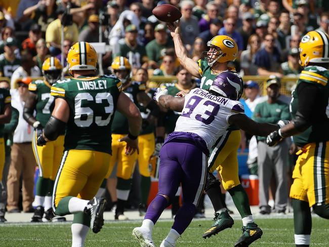 Aaron Rodgers #12 of the Green Bay Packers throws a pass during the third quarter of a game against the Minnesota Vikings. Picture: Getty Images