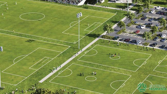 Designs of the $80m ‘Home of Football’ that Football Tasmania want to establish in Hobart showing the main pitches - the four five a-side pitches would also be located at the hub with a carpark. Picture: Supplied.