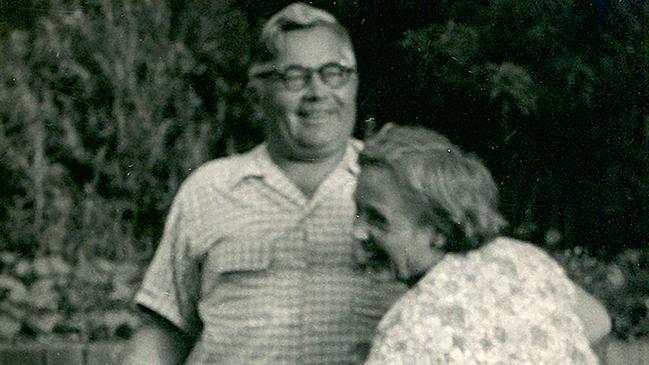 Vladimir and Evdokia Petrov in a light-hearted moment during their holiday on the Gold Coast in 1956 with the Doherty family. Picture: Supplied.