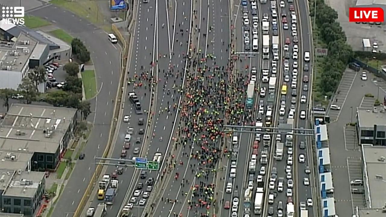 Anti-vax protesters block the West Gate Freeway on Tuesday. Picture: 9 News