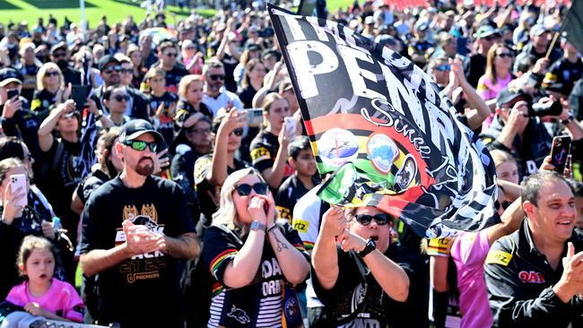 Penrith Panthers supporters at the fan meet at BlueBet Stadium after winning the 2022 NRL Premiership against Parramatta. Picture: Jeremy Piper