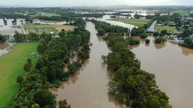 Drone video images of flooding of the Nepean River at Camden, NSW on Thursday morning. Picture: TNV