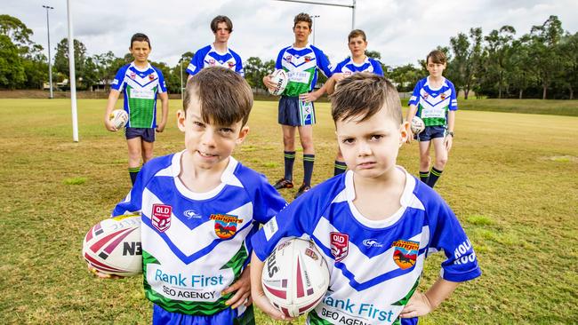 Narangba Rangers RLFC players Noah Steley and Hank Dingle (front) with Liam Hartwig, Brock Walker, Duke Guild, Grady Guild, and Lachlan Doggett (L-R, back) are ready for the season to return. Picture: Richard Walker