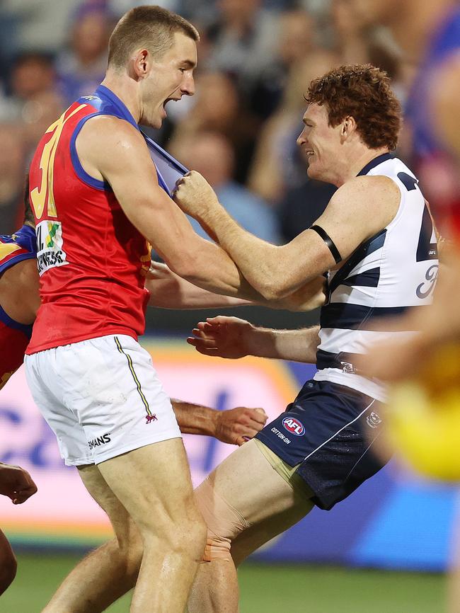 Harris Andrews gets in the face of Gary Rohan after the Lachie Neale hit. Picture: Michael Klein