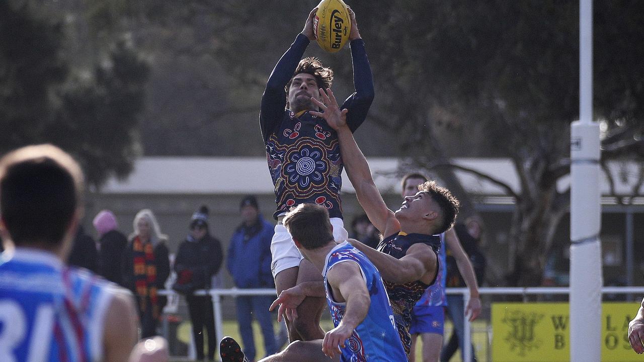 SANFL round 12 – First Nations Round – Saturday, July 8 2023: Adelaide Crows forward Shane McAdam rakes a strong contested mark in the Adelaide Crows big SANFL win over Central District in the regional game at Nurioopta Oval in the Barossa Valley. Picture: Peter Argent