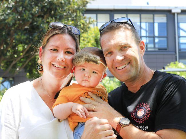 David and Purdy Cox with baby Boston during a Welcome Baby to Country ceremony at Gold Coast University Hospital Parklands Photo: Scott Powick