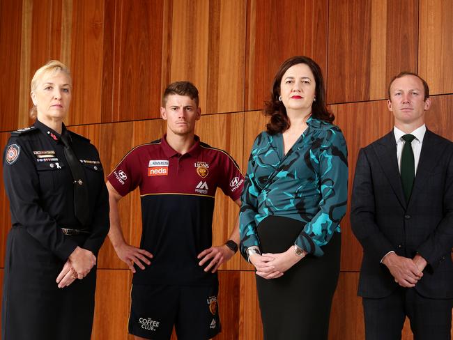 Police Commissioner Katarina Carroll, Brisbane Lions skipper Dayne Zorko, Premier Annastacia Palaszczuk and rugby league legend Darren Lockyer are leading the campaign against domestic violence. Picture: Claudia Baxter/AAP