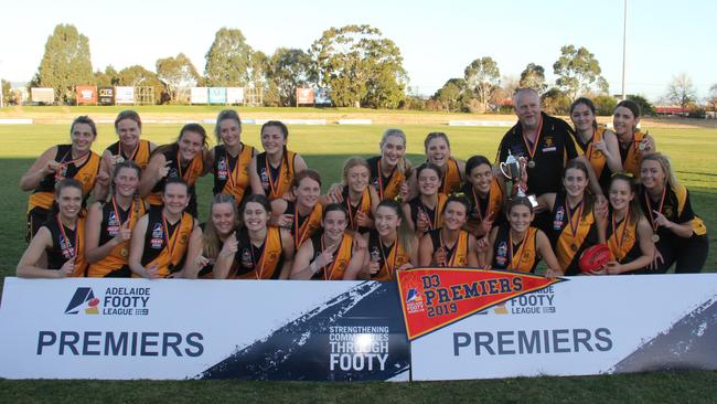 Broadview women's football team celebrate after winning the 2019 division three flag and going through two-straight seasons undefeated. Picture: Supplied