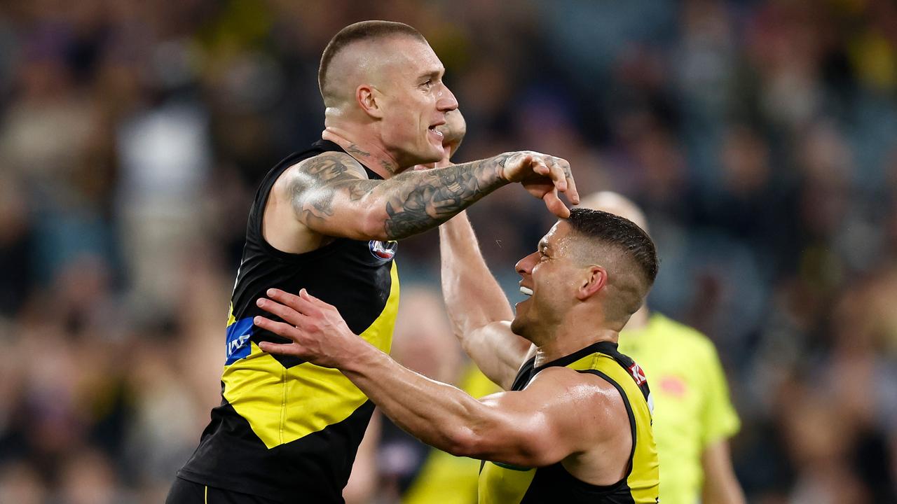 Under a mid-season trade scenario for 2024, clubs in a premiership window might be keen on Richmond flag stars Dustin Martin and Dion Prestia. Picture: Michael Willson/AFL Photos via Getty Images