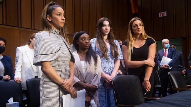 Olympians Simone Biles, Aly Raisman and McKayla Maroney will receive payment in the settlement. Picture: Saul Loeb/POOL/AFP.