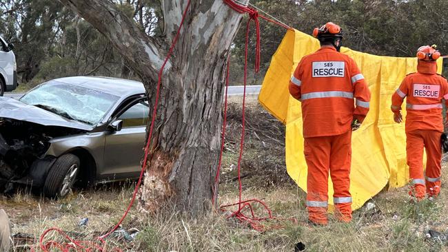 Emergency services at the scene of the crash at Waterloo Corner. Picture: Natalie Vikhrov