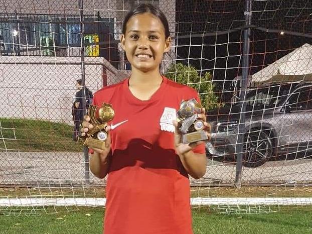 Mia Afoa is one of the most dangerous threats around goal in Queensland junior football. She will lead the line for TKFA at the Premier Invitational this year. Photo: Supplied