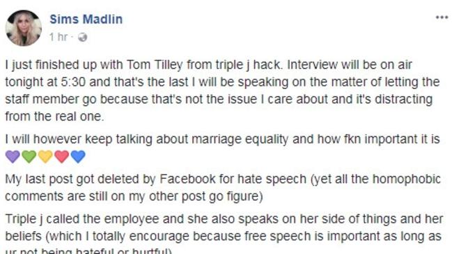 Post made by Madlin Sims where she stands by her right to sack Madeline for saying she would vote No on Facebook.