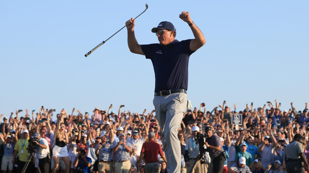 KIAWAH ISLAND, SOUTH CAROLINA - MAY 23: Phil Mickelson of the United States celebrates on the 18th green after winning during the final round of the 2021 PGA Championship held at the Ocean Course of Kiawah Island Golf Resort on May 23, 2021 in Kiawah Island, South Carolina. (Photo by Sam Greenwood/Getty Images)