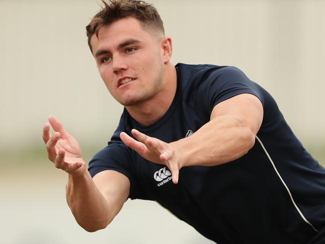 SYDNEY, AUSTRALIA - DECEMBER 12: Kyle Flanagan of the Sydney Roosters passes during the Emerging Blues and Future Blues Playing Camp at the NSWRL Centre of Excellence on December 12, 2019 in Sydney, Australia. (Photo by Mark Metcalfe/Getty Images)