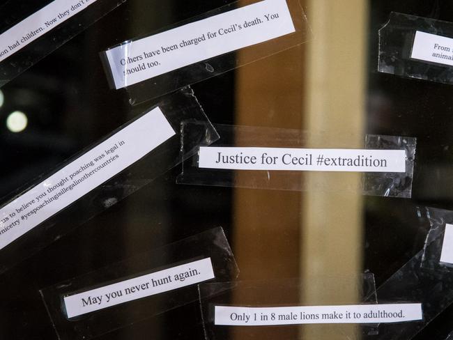 Protests ... Small notes are placed on the front door of the dental practice of Walter Palmer. Picture: AP