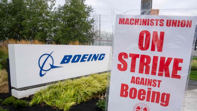 A strike sign outside a Boeing factory in Renton, Washington. Picture: Getty Images/AFP